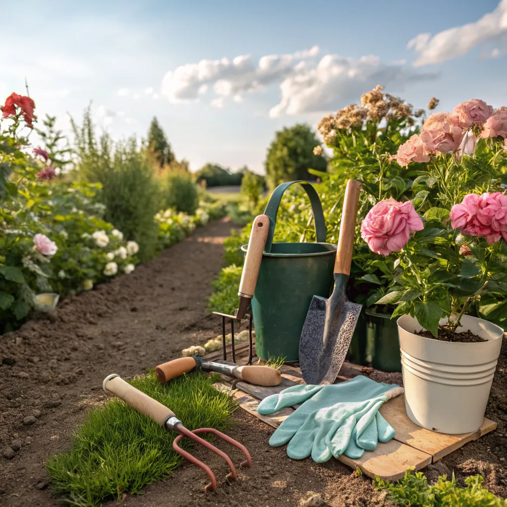 Gardening tools and plants in a garden setting